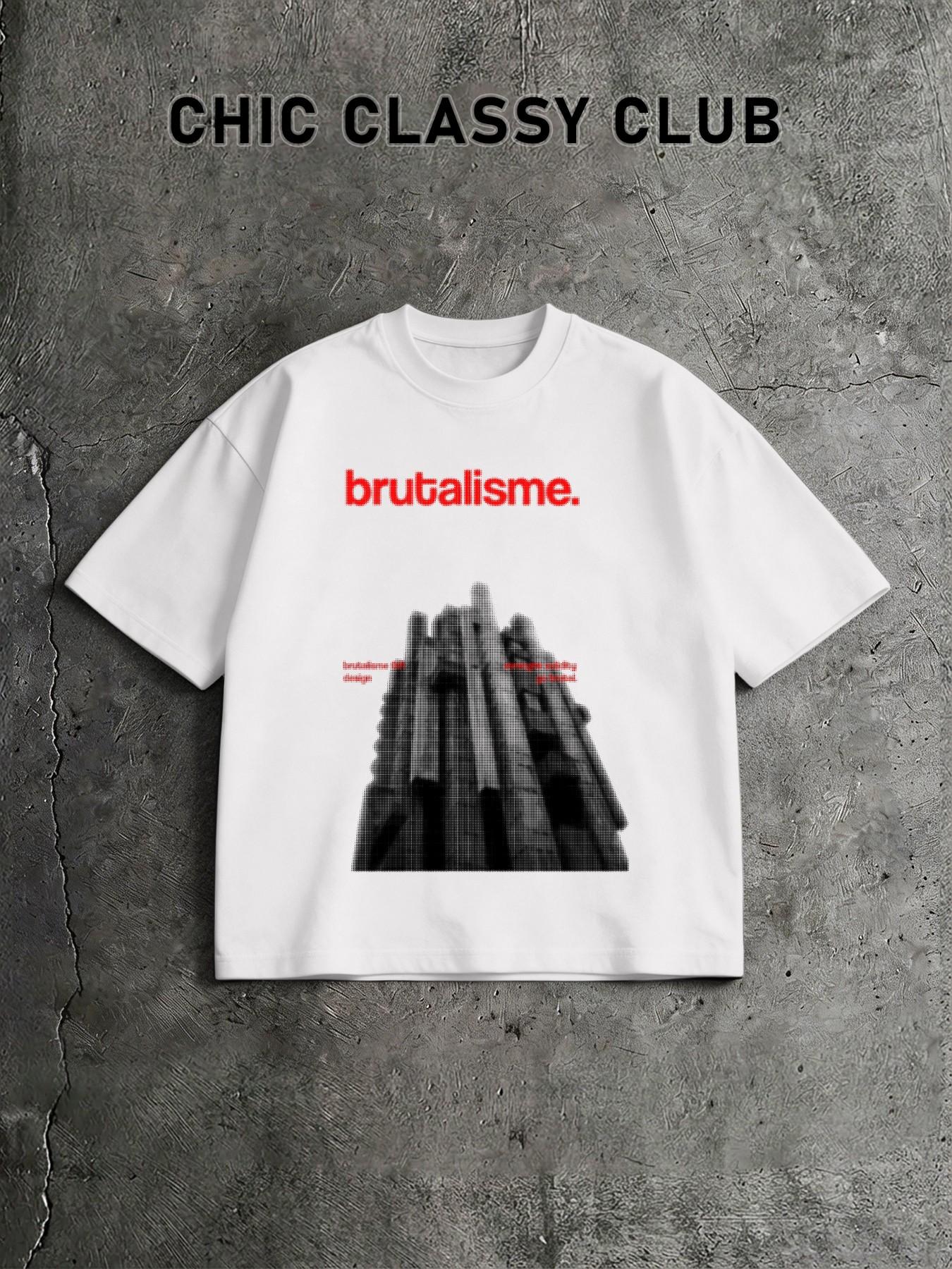 American High Street Brutalism Building T-Shirt for Men, Loose Fit Oversize Short Sleeve, Minimalist Industrial Style Top
