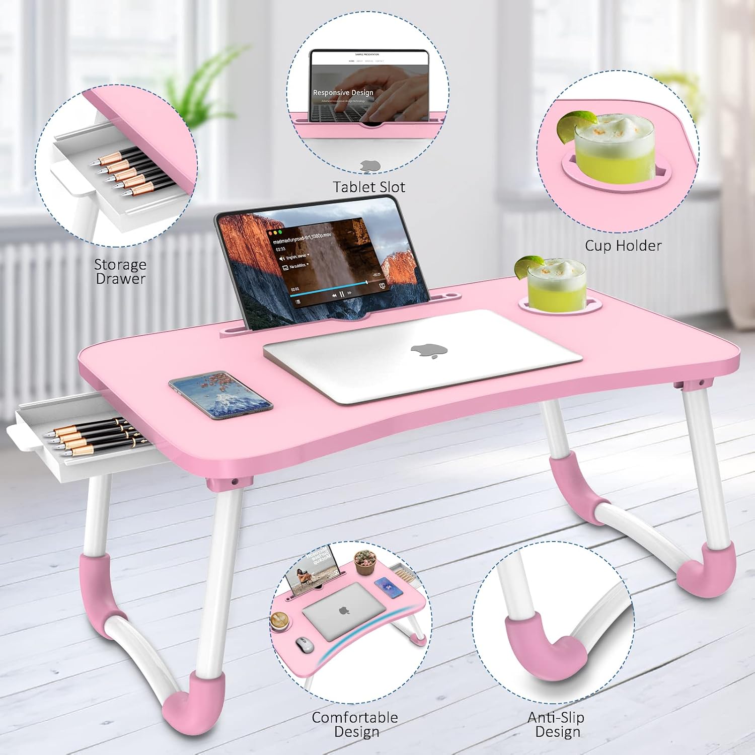 Multi-Function Laptop Bed Table with Storage Drawer and Cup Holder, Lap Desk Stand Tray for Eating, Reading and Working