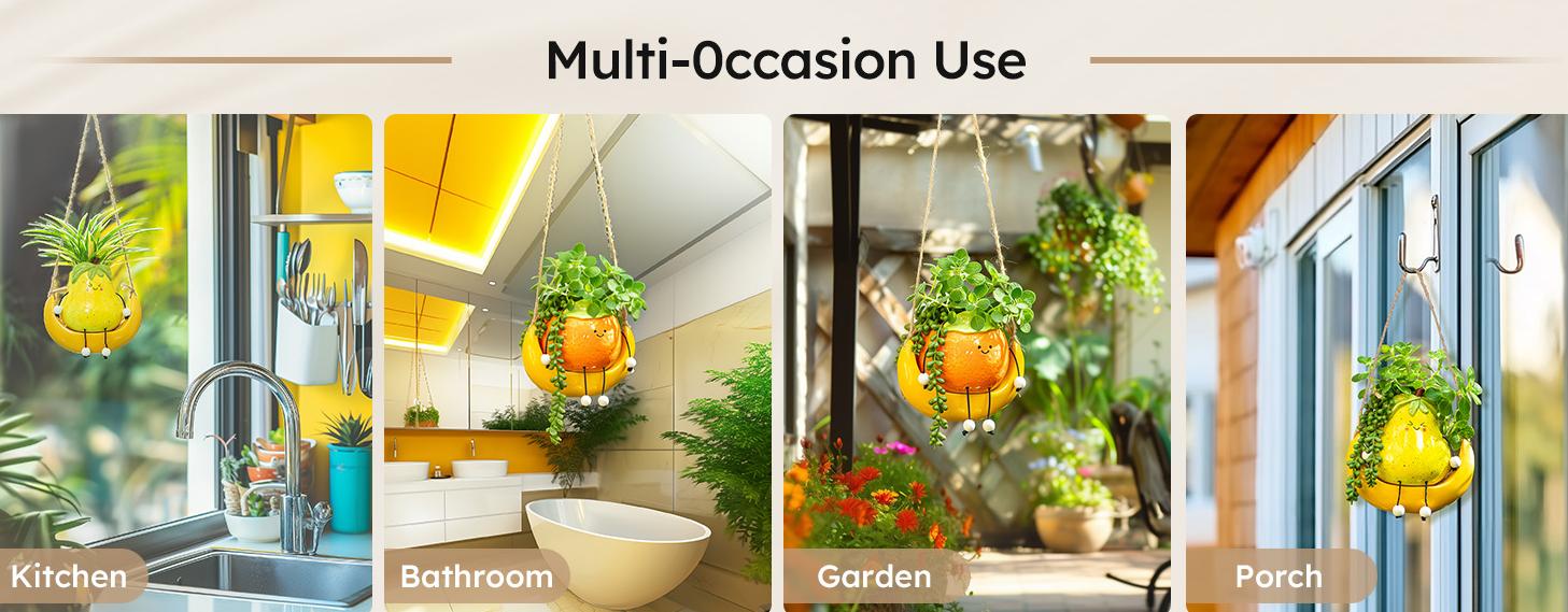 Cute Hanging Plant Pots: Planter Gift for Plant Lover - Swinging Smiley Succulent Ceramic Pot with Drainage Hole for Indoor Outdoor Christmas Gift