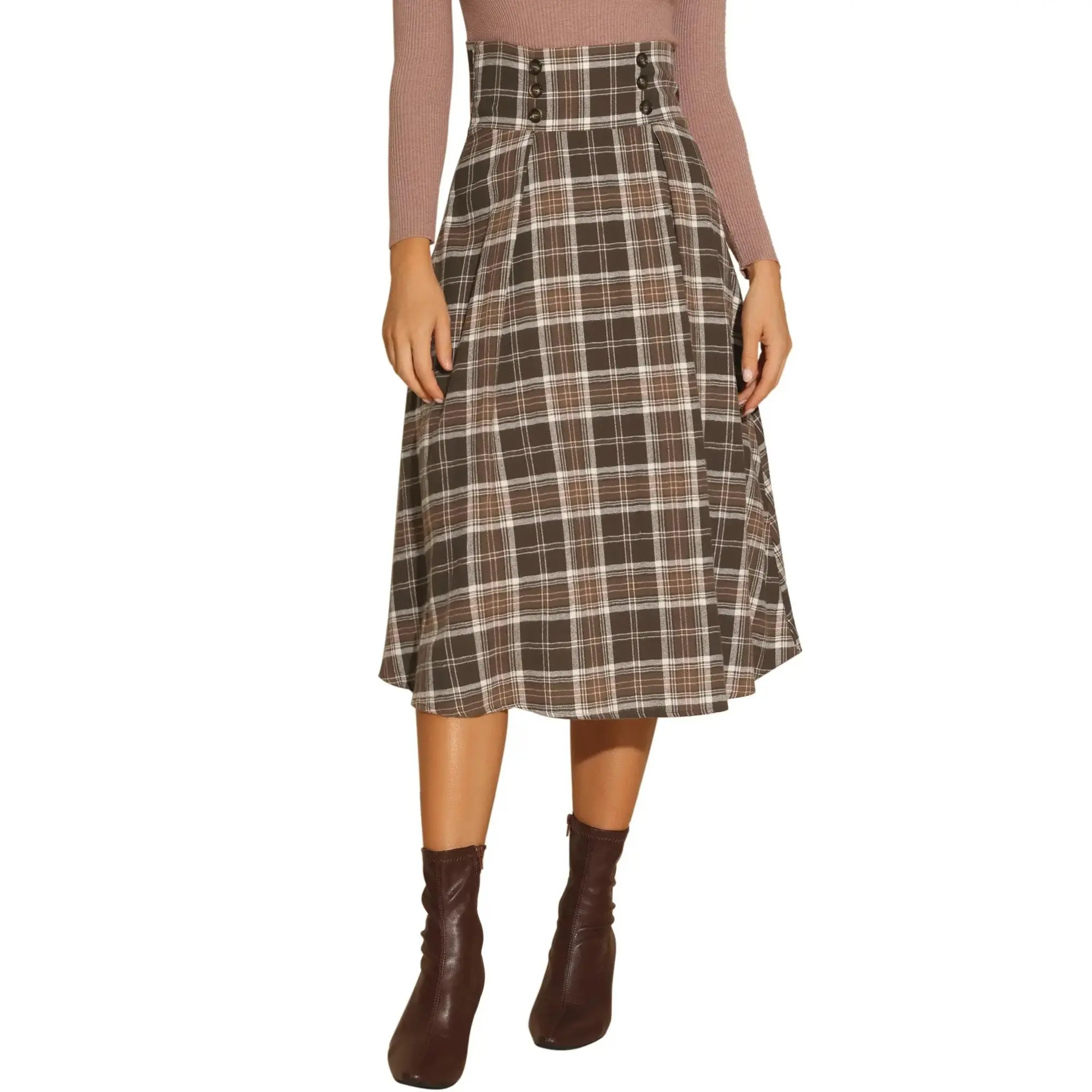 INSPIRE CHIC Vintage Plaid High Elastic Waist Fall Winter A-Line Tartan Midi Skirt Brown