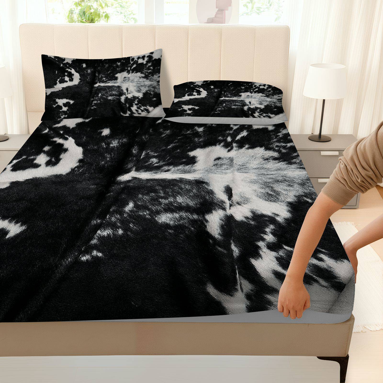 3Pcs Cow Print Black White Fitted Sheet Three Piece Set (1*Fitted Sheet+2*Pillowcases, Coreless), Western theme, Animal Print Bedding Set, Mattress Protector Soft, Breathable