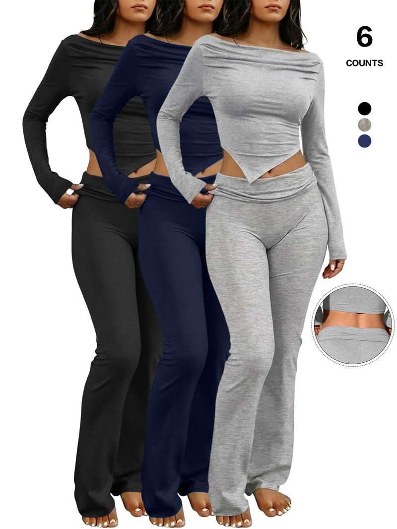 Women's Two-Piece Casual Set, Long-Sleeved Draped Neckline, Off-The-Shoulder Crop Top, Asymmetrical Hem, Flared Trousers, Everyday Wear