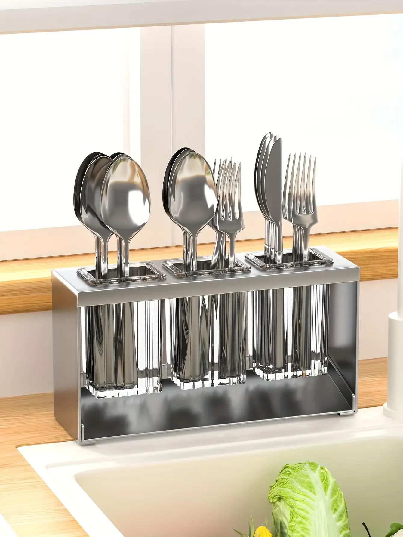 1pc Multifunctional Drain Rack With Built-in Drainage Storage Box, Household Chopstick Tube, Kitchen Tableware Storage Rack, Knife, Fork And Spoon Storage Rack, Countertop Storage, Organiser, Drainboard Dish Drainers