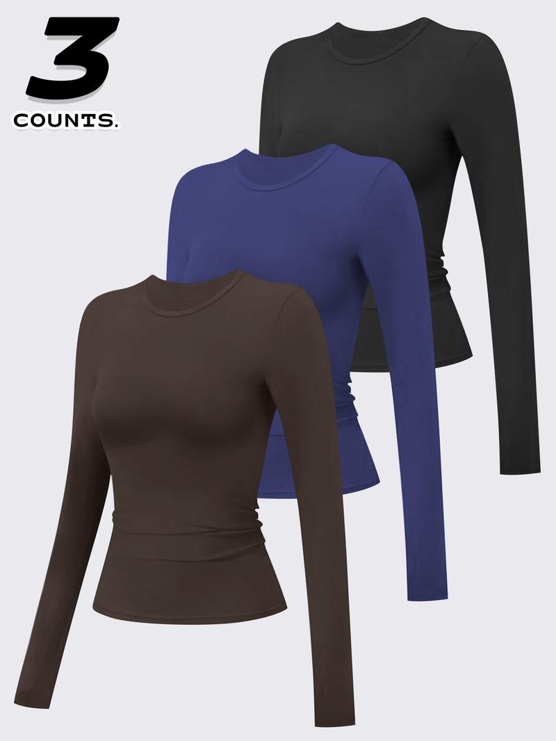 3 pcs Women's Compression Training Long Sleeve Shirts, Fitted Round Neck Yoga Tops, Moisture-Wicking Sportswear for All Seasons, Compression Activewear