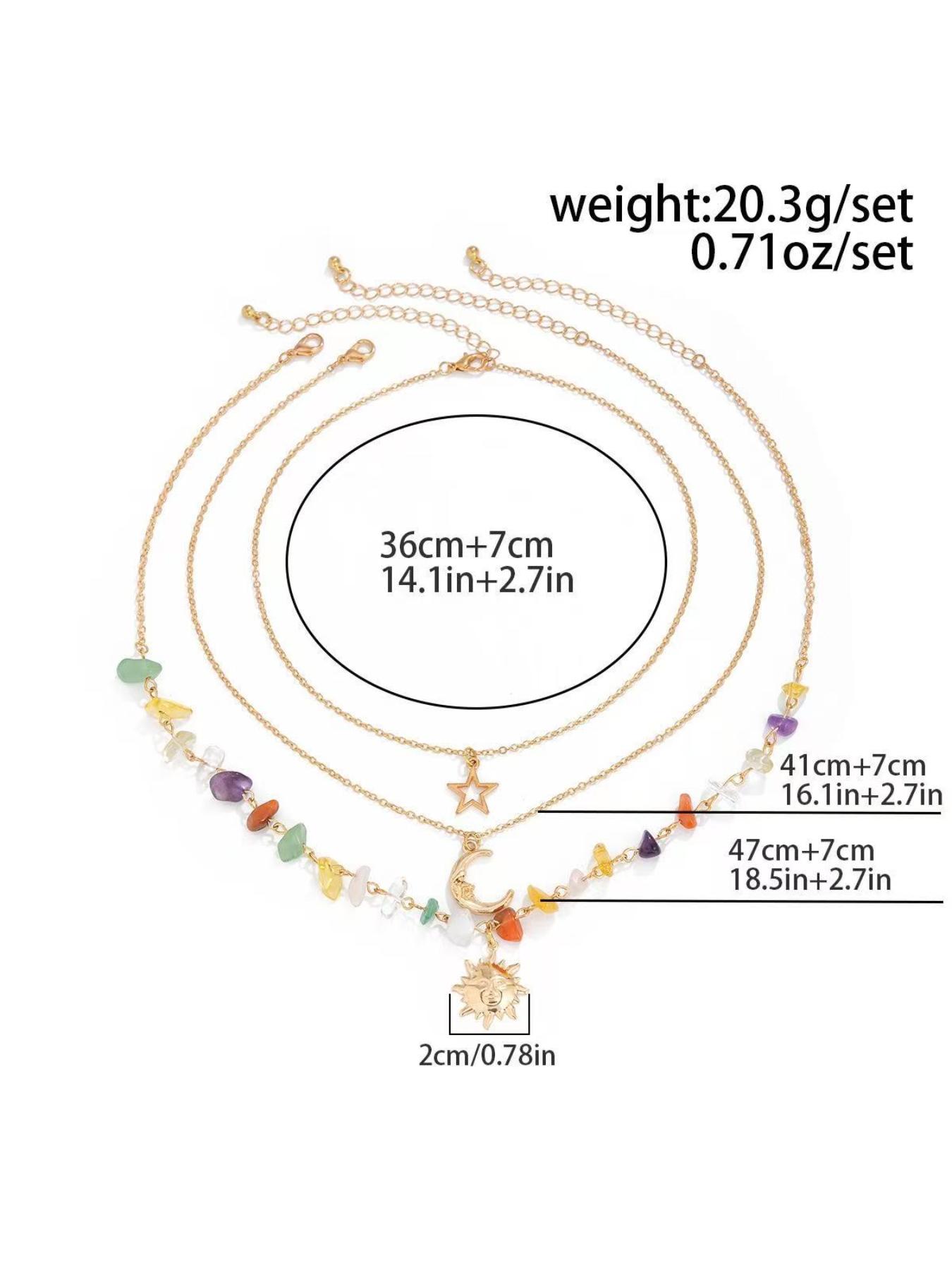 Boho 3 Layered Sun Moon Star Necklace for Women, 7 Chakra Healing Crystal Beaded Pendant Necklace, Bohemian Gold Layered Necklace, Summer Beach Jewelry Gift for Her