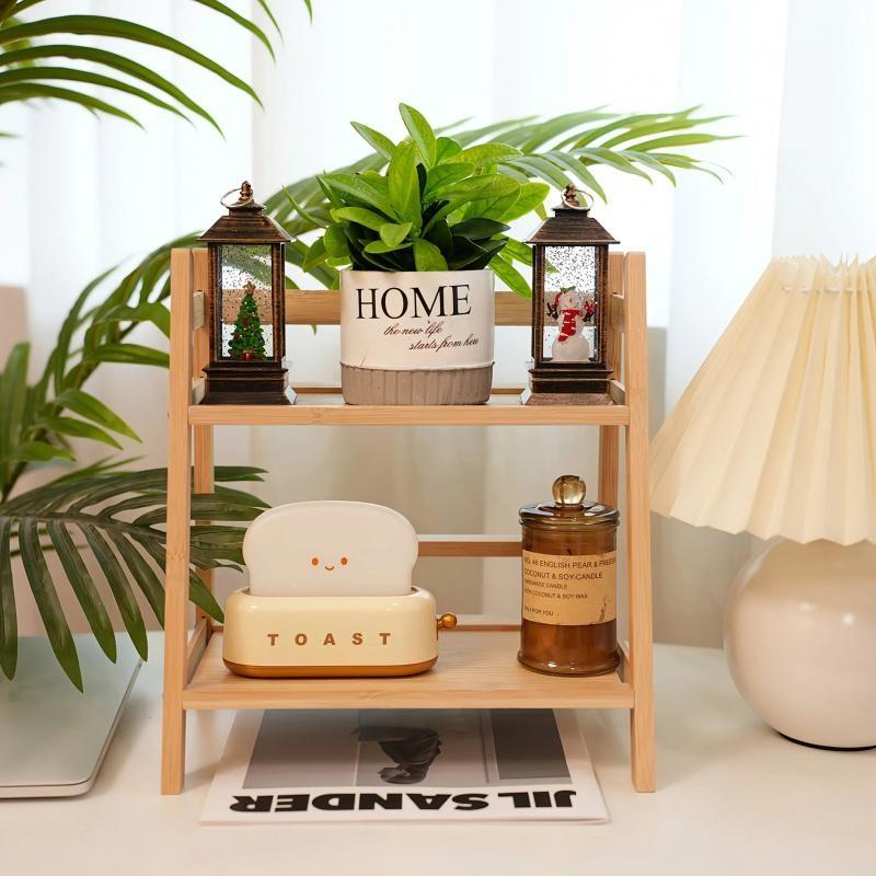 2 Layer Bamboo Display Organizer Racks, Multi-Functional Rustic Style for Kitchen, Cosmetics, Potted Plants, Easy Assembly, Vintage Home Decor