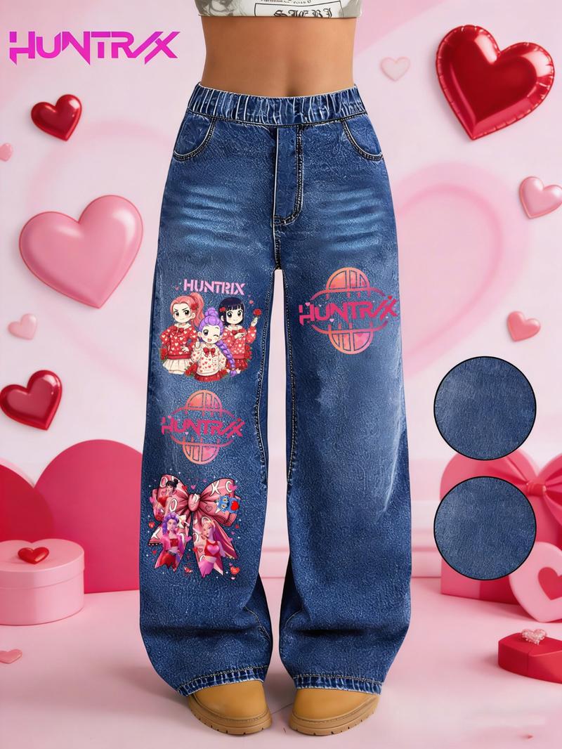 Valentine's Day Kpop Girl Printed Denim Jeans, Casual Fitted Jeans for Girls Ages 7-12, Perfect Valentine's Gift for Kids