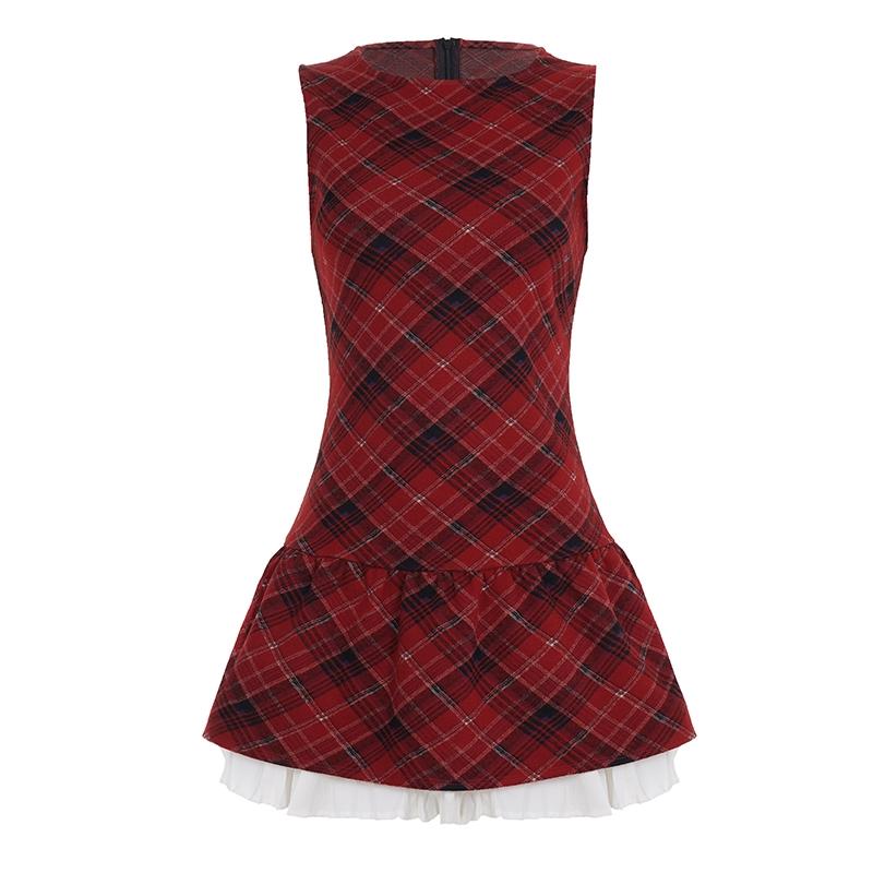Cute Plaid Round Neck Sleeveless Vest Dress Y2K Style, Adorable Schoolgirl Look, Patchwork Pleated Wool Spring Dress