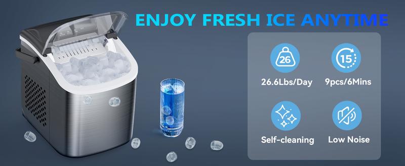 COWSAR Bullet Ice Maker Countertop, Staninless Steel or ABS Plastic,  with Self-Cleaning, 26.5lbs/24Hrs, 6 Mins/9 Pcs Bullet Ice, Portable Ice Maker for Kitchen/Home/Office/Party/RV
