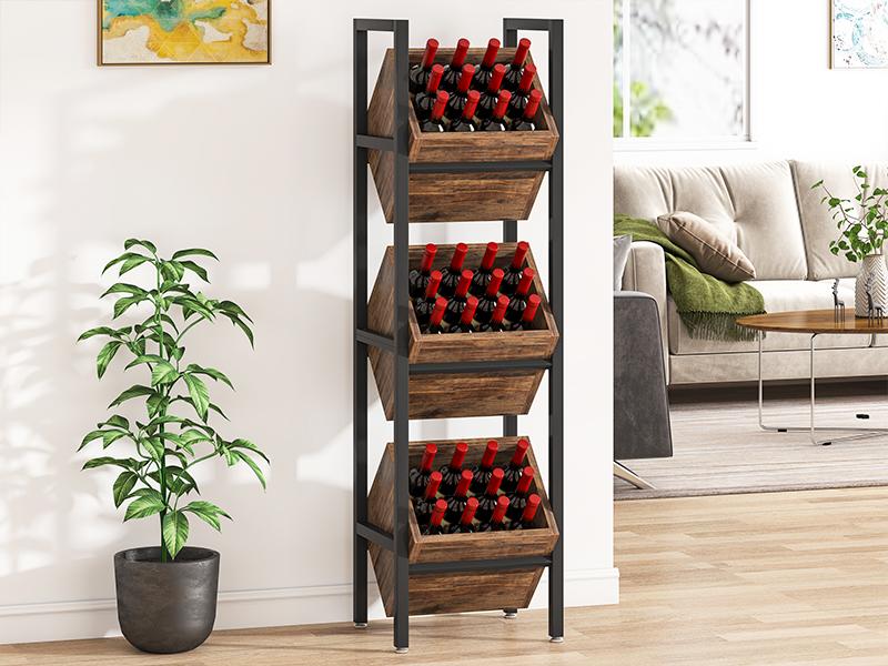 LITTLE TREE 3-Tier Basket Stand, Wooden Floor Stand Shelving Unit, Rustic Standing Organizer Storage Rack for Kitchen, Bathroom, Living Room