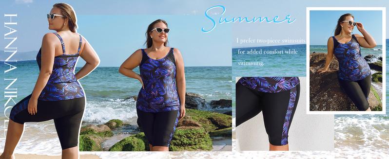 【12-28W】Hanna Nikole Plus Size Two-Piece Swimsuit Women's Sun Protection Knee-Length Swim Shorts Tummy Control Outdoor Swimsuit Tankinis Set Outdoorfun