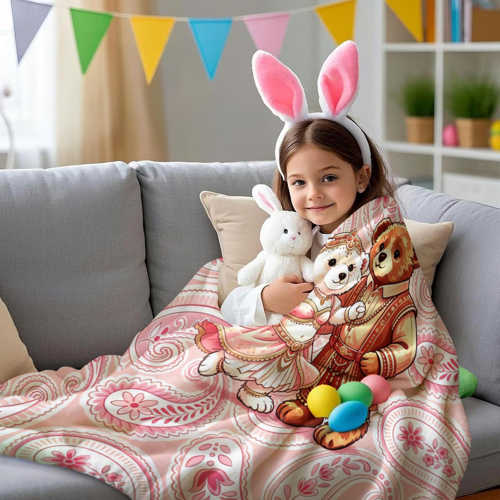 Ethnic Couple Bear Throw Blanket, Soft Skin-Friendly Plush Fleece, Lightweight Cozy, Pink Paisley Floral Print, for Couch Bed Office, All Seasons, Aesthetic Room Decor, Perfect Gift