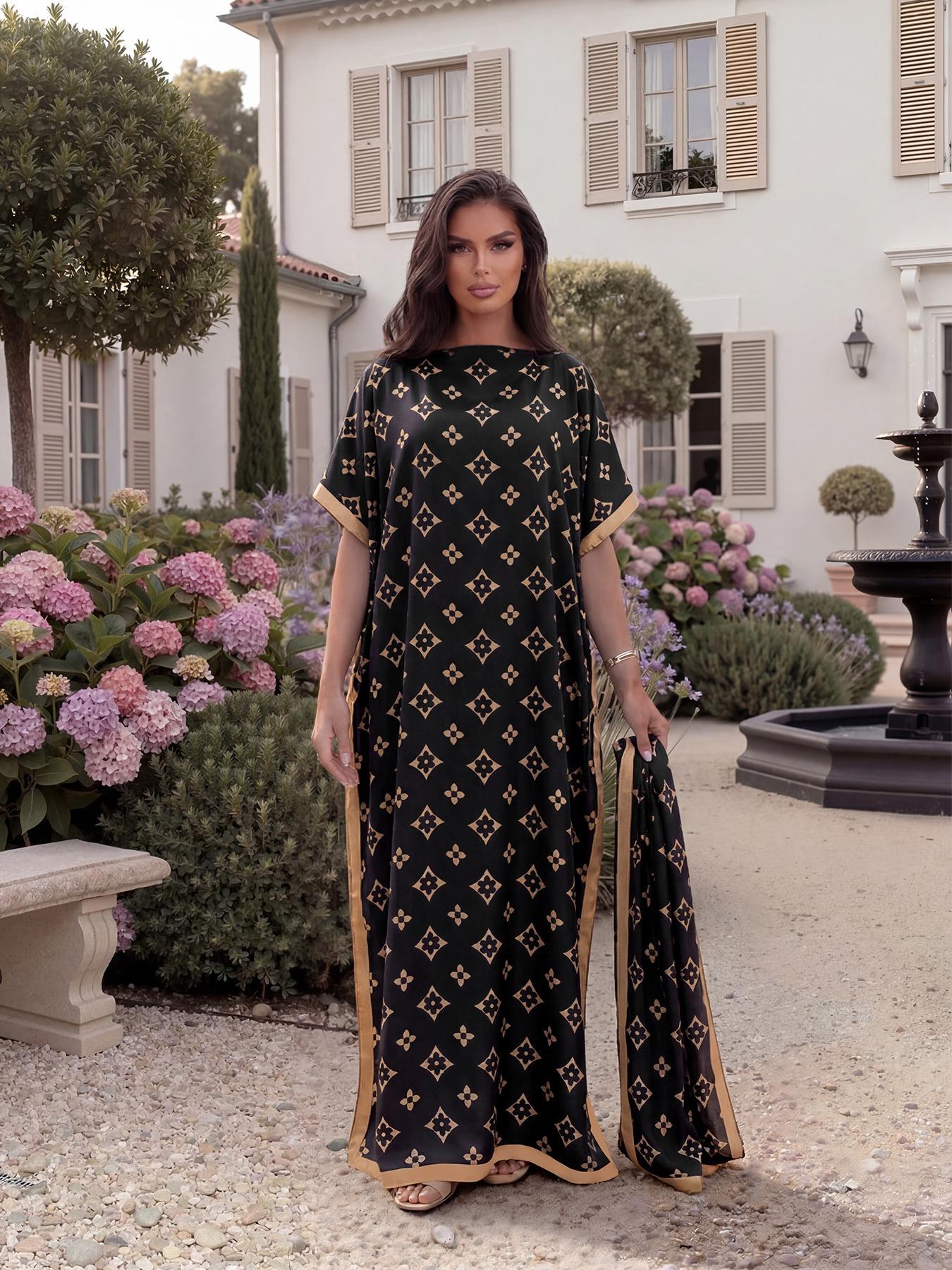 Women's Elegant Chic Geometric Print Robe Set, Long Dress & Scarf Shawl, Beach Sun Protection Satin Silk Matching Set