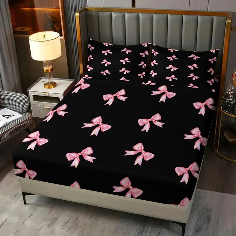 3-piece Bedding Set Features A Black Background With Pink Bow Print, A Fitted Sheet, And Two Unfilled Pillowcases. The Sweet And Cool Color-blocked Style Creates A Unique And Girly Bedroom Décor, Making It A Perfect Gift Choice. Bed Sheet Sets
