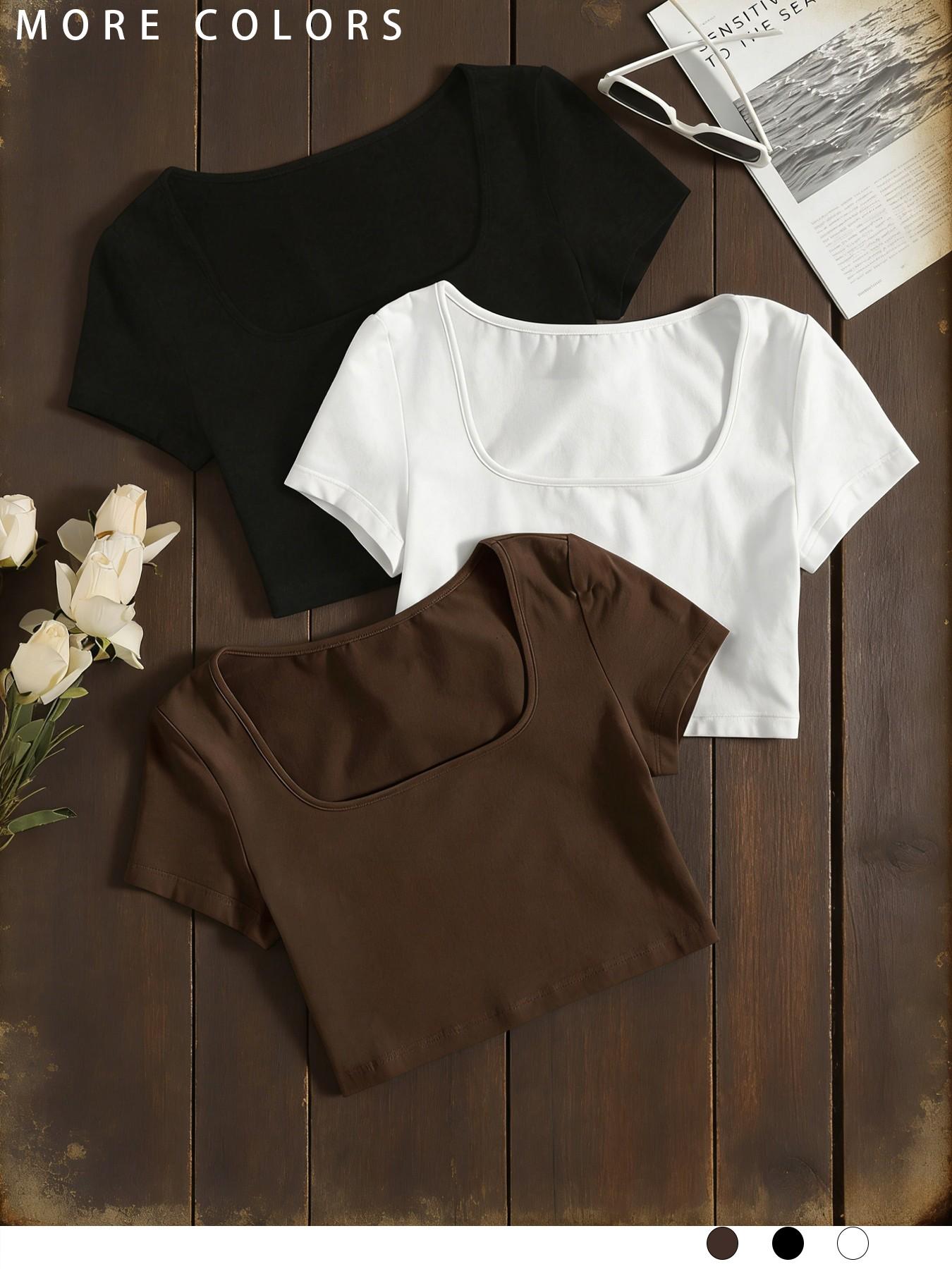 Women's Square Neck Short Sleeve T-Shirt, Sexy Slim Fit Graphic Top, Casual Commuter Daily Wear, Summer, Home Relaxation, Gym Workout