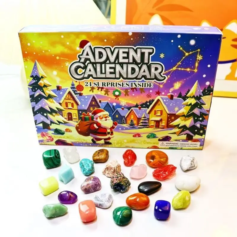 Christmas Countdown Calendar Blind BoxGemstone Kids Gift Set, Crystal Stones 24-GridDigital Timer, Festive Arrival Decoration