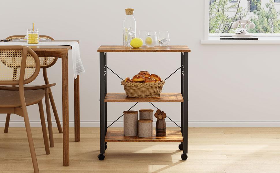 3-Tier Rolling Kitchen Cart - Standing Baker's Rack & Appliance Storage Shelf, Microwave Stand for Small Spaces w/Wheels Smooth Water Proof Wooden
