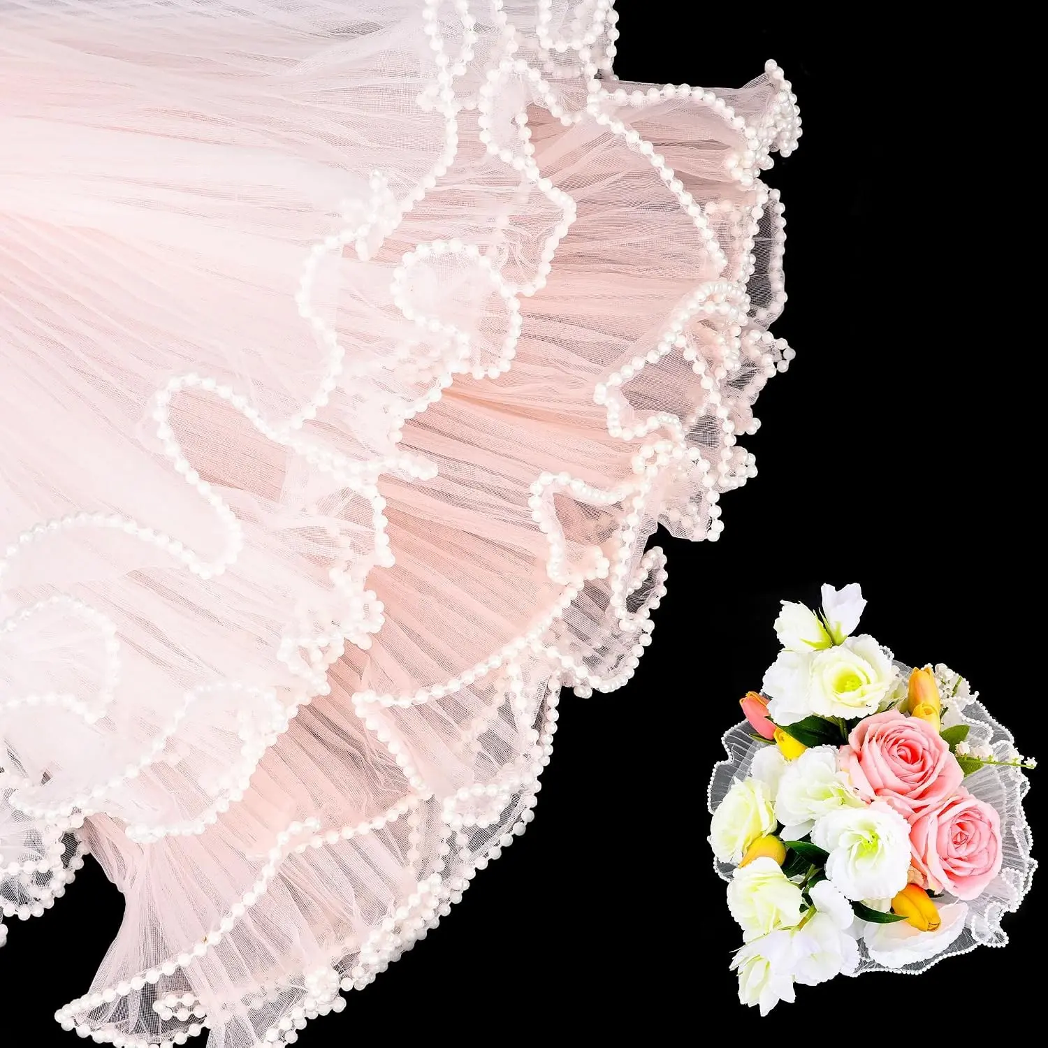 2 Pack 4.37 Yard Pearl Flower Wrapping Mesh, White & Champagne Pink Premium Floral Mesh for Bouquets Packaging, Suitable for Mother's Day, Wedding and Party
