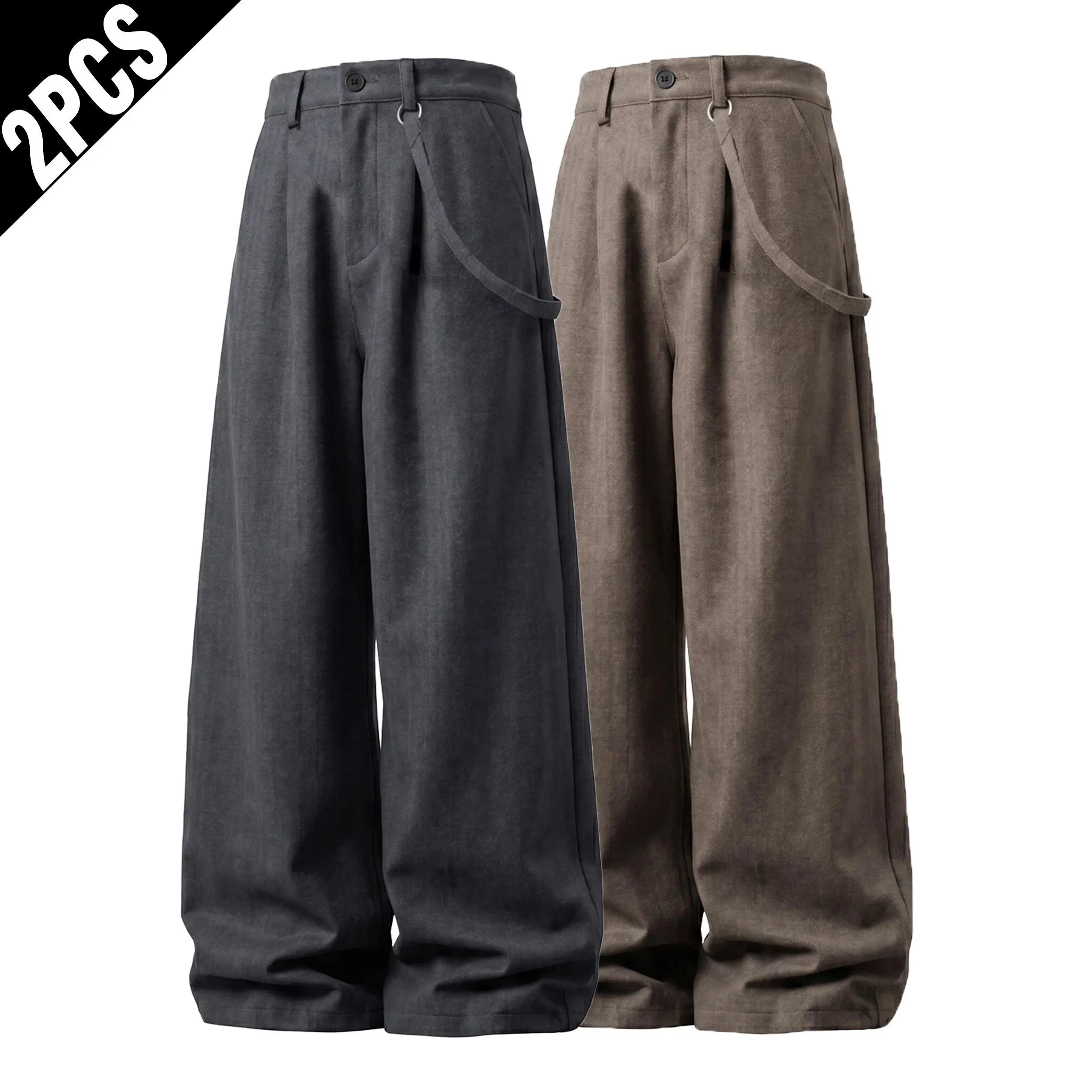 2 Pack Men's Pleated Wide Leg Pants, High-Waist Solid Textured Fabric, Vintage Loose Fit Streetwear with Detachable Ring, Menswear, Plain, All Seasons, Below Ankle, Solid Plain