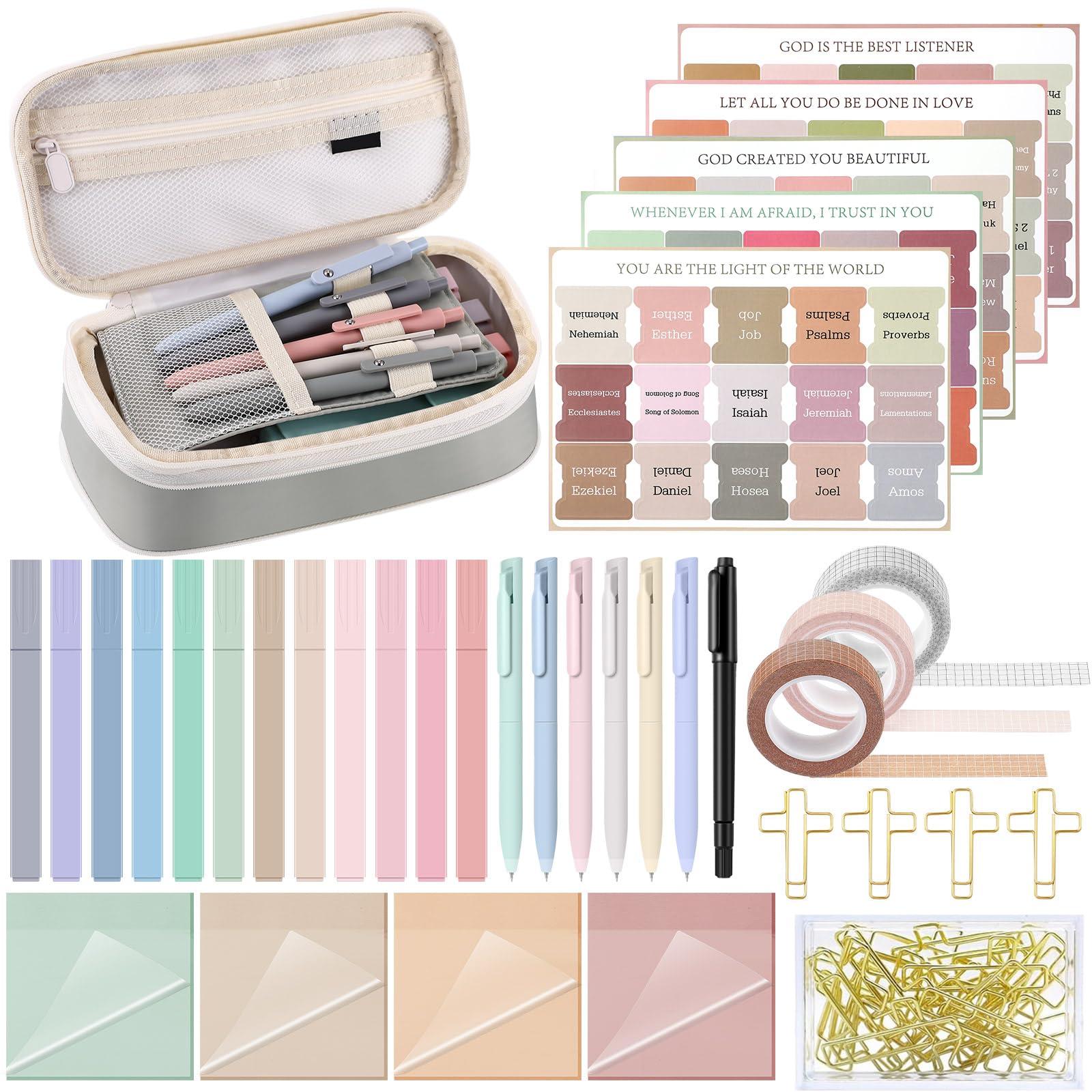 Easter Gift Bible Journaling kit 33 Pcs Bible Aesthetic Supplies with Pencil Case Gel Pen Colorful Highlighters Marker Pen Tabs Notes Transparent Sticky Notes Cross Clip Tapes Bible Study Supplies Annotation Kit Stationery School Study Supplies