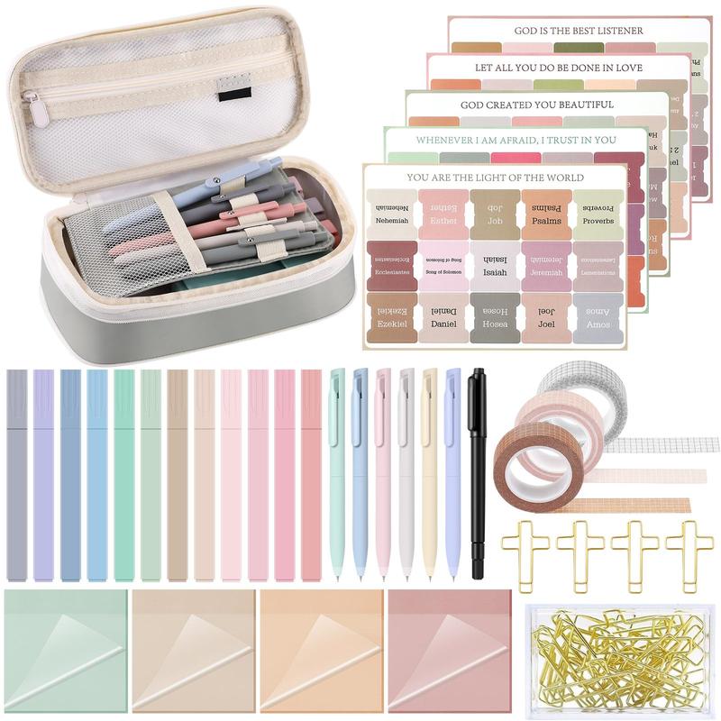 Easter Gift Bible Journaling kit 33 Pcs Bible Aesthetic Supplies with Pencil Case Gel Pen Colorful Highlighters Marker Pen Tabs Notes Transparent Sticky Notes Cross Clip Tapes Bible Study Supplies Annotation Kit Stationery School Study Supplies