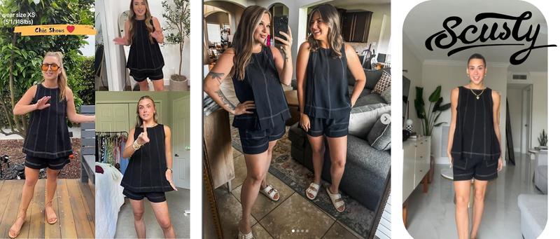 SCUSTY Women's Two Piece Outfit Cotton Matching Set  A-Line Sleeveless Tank Tops and High-Waist Shorts with Pockets