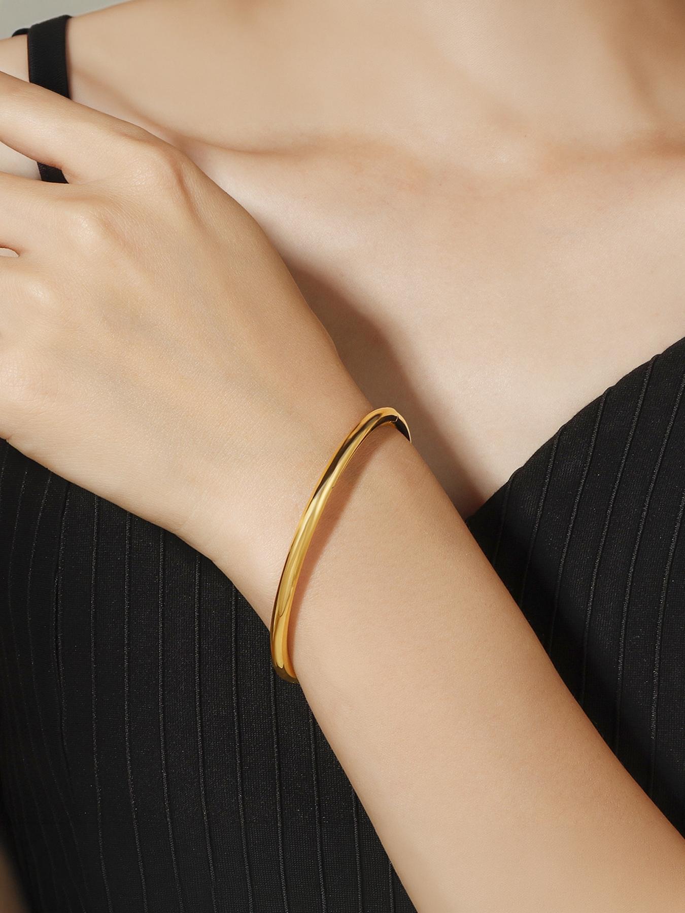 Simple and Ancient Style 18K Gold Plain Ring Smooth Bracelet, Titanium Steel Round Bracelet #Fashionable and Simple Open Bracelet #Jewelry Accessories/Fade-Resistant/Allergy-Free/Couple Style/Festival/Party/Ideal Gift