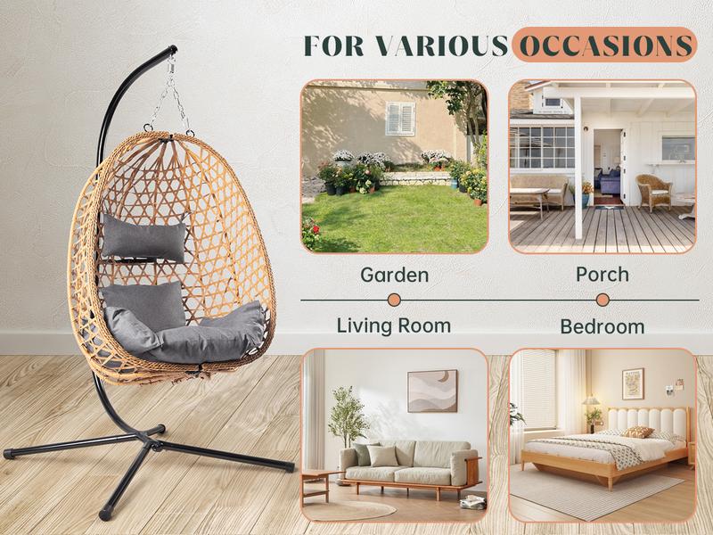 LHBcraft Wicker Rattan Hanging Egg Chair with Stand, 350lbs Weight Capacity, Hanging Basket Chair with Strong Frame, Porch Swing Chair, Indoor & Outdoor Use Hammock,Christmas gift