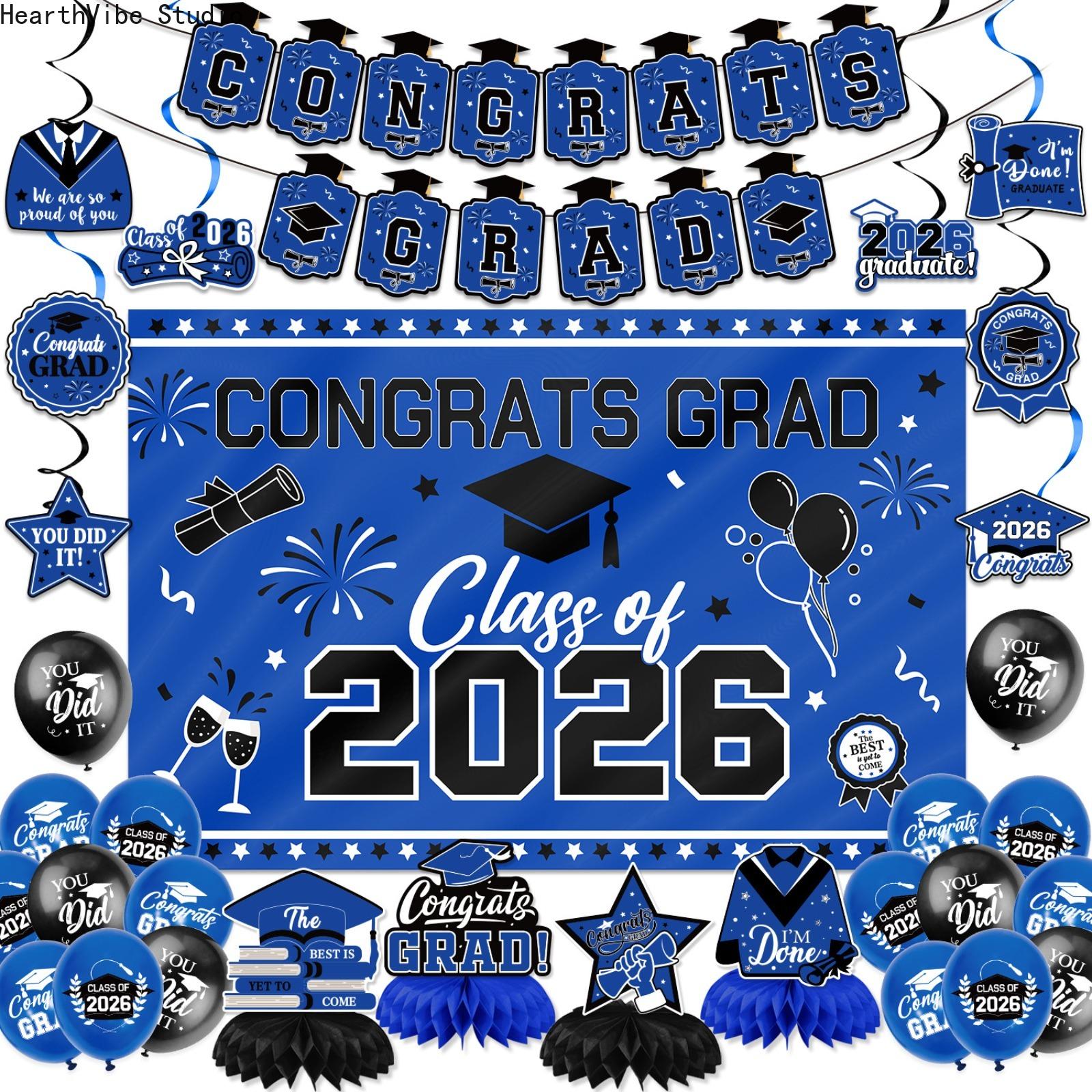 2026 Graduation Decorations Set, Complete Black & Gold Kit with Backdrop & Balloons, Elegant Congrats Banner for High School, Aesthetic Supplies for Home, Summervibes Edition, Graduation Decorations 2026