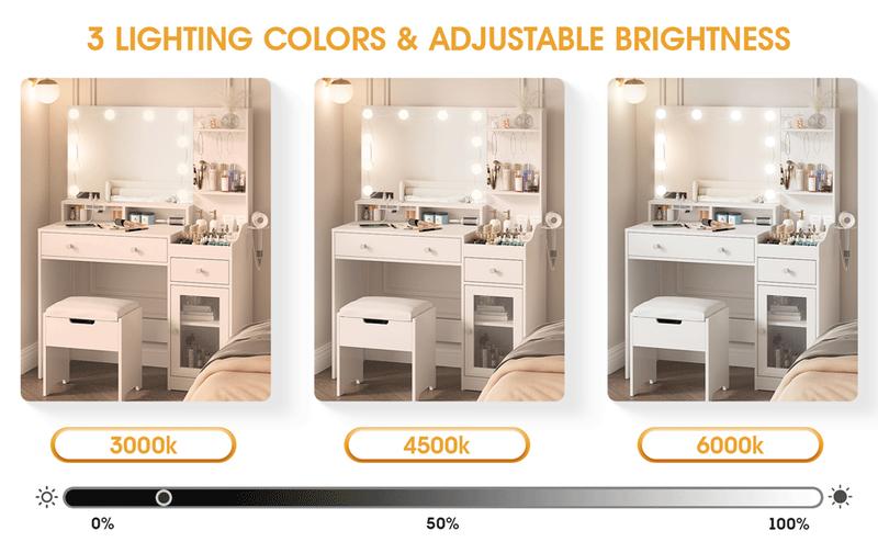Vabches Vanity with Mirror and Lights, Makeup Vanity Table with Charging Station, Cute Vanity Set with Comfortable Bench, Big Vanity with 3 Storage Compartments