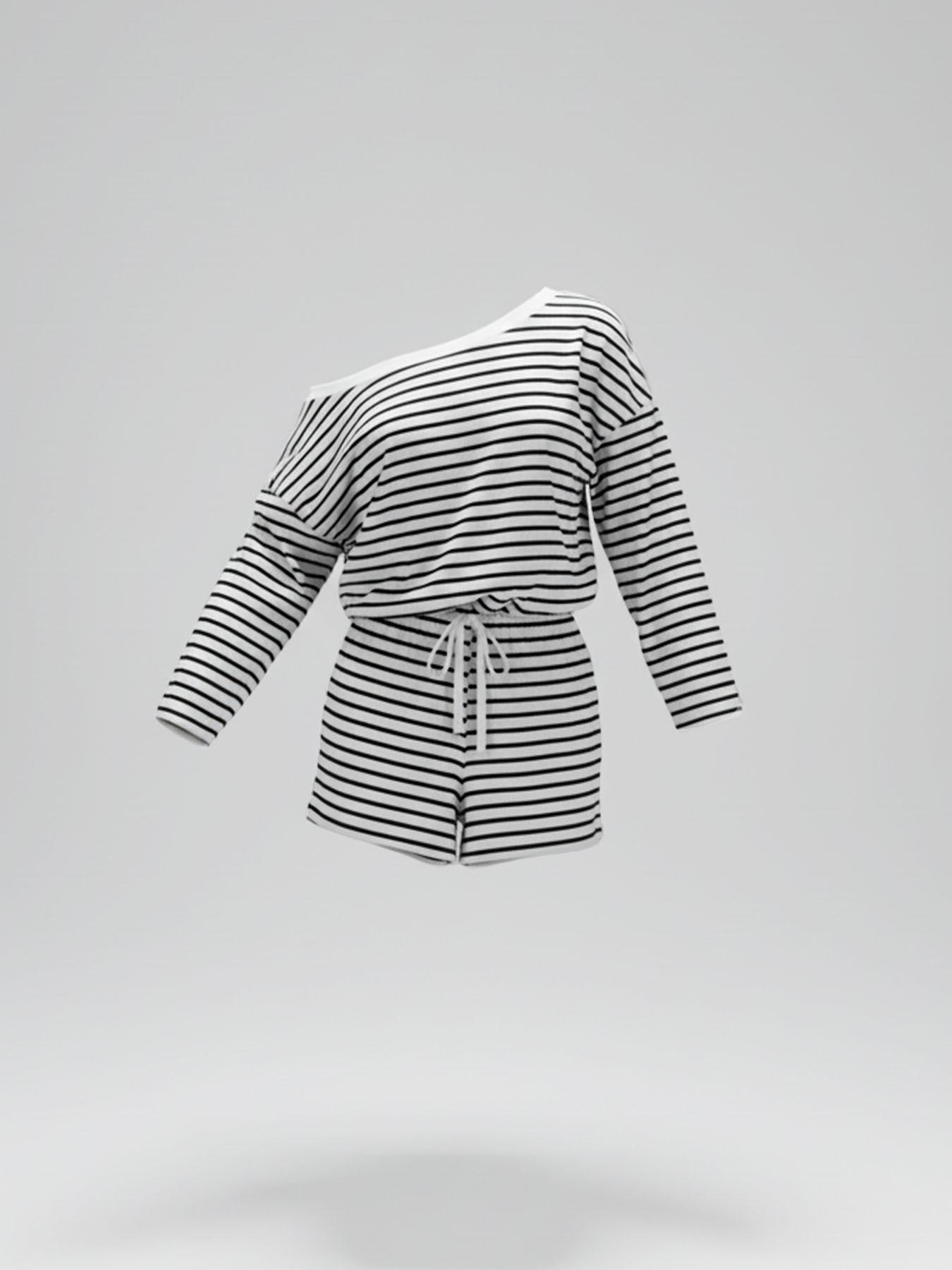 Women's Striped Casual Two-Piece Set, One-Shoulder Revealing Belly Long Sleeve Top + Drawstring Shorts, Hot Girl Home Wear