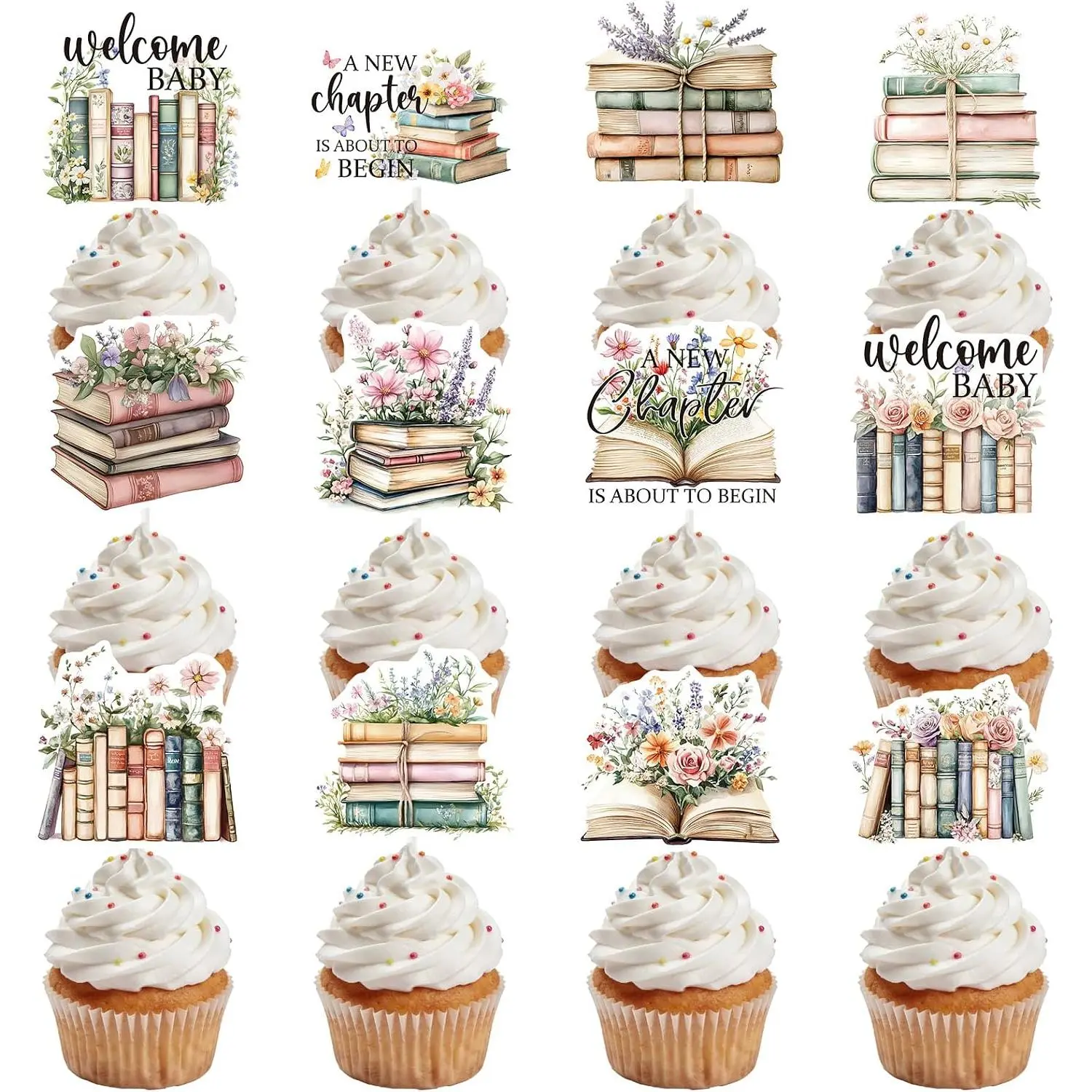 Book Themed Party Decorations - 24 Pcs Book Club Cupcake Toppers Decorations, Welcome Baby Cupcake Toppers for Baby Shower Storybook Reading Gender Reveal Party Supplies
