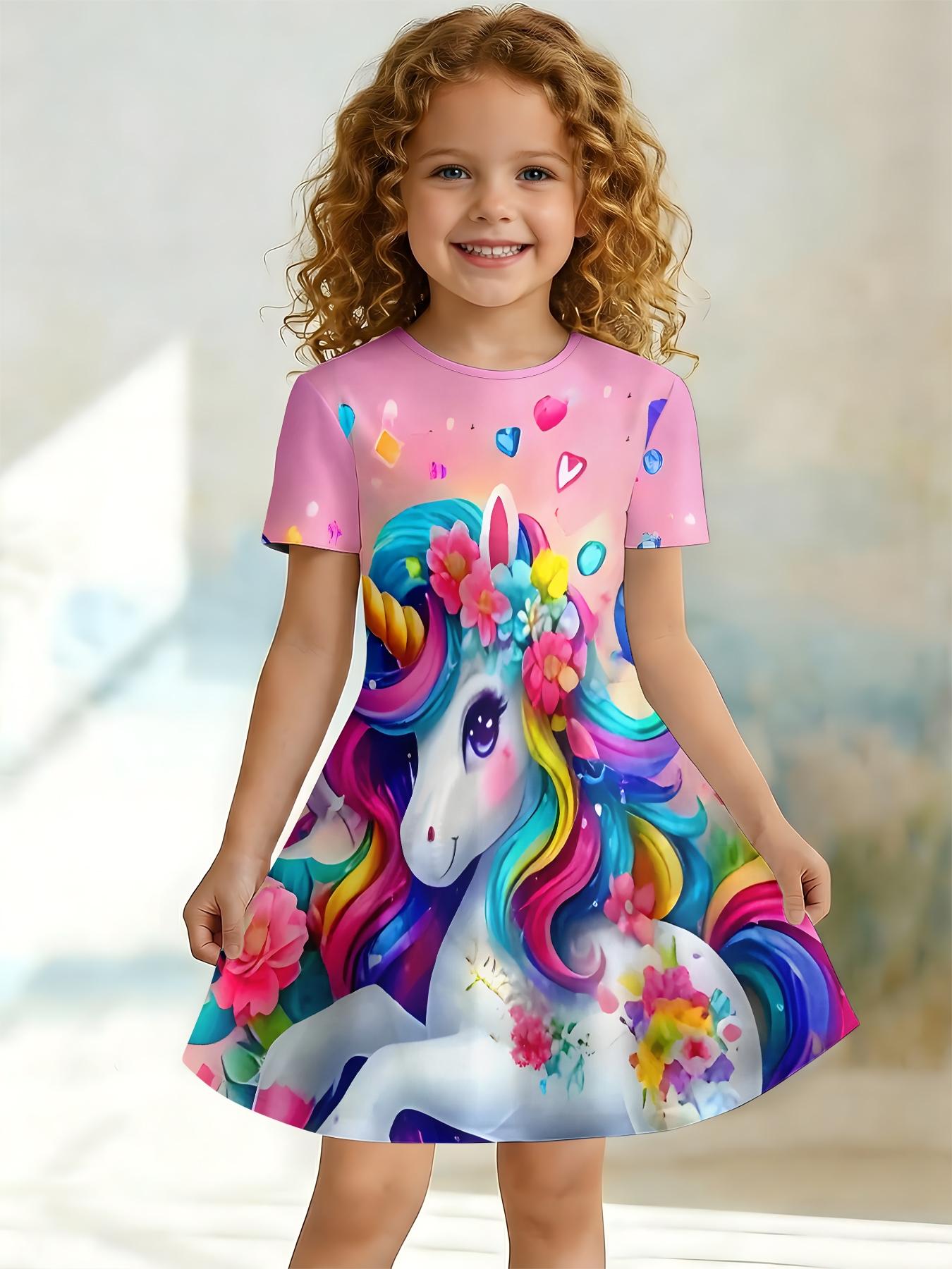 Girls Summer Flower Unicorn Print Dress, Kids Pink Heart Crew Neck Short Sleeve A-Line Dress