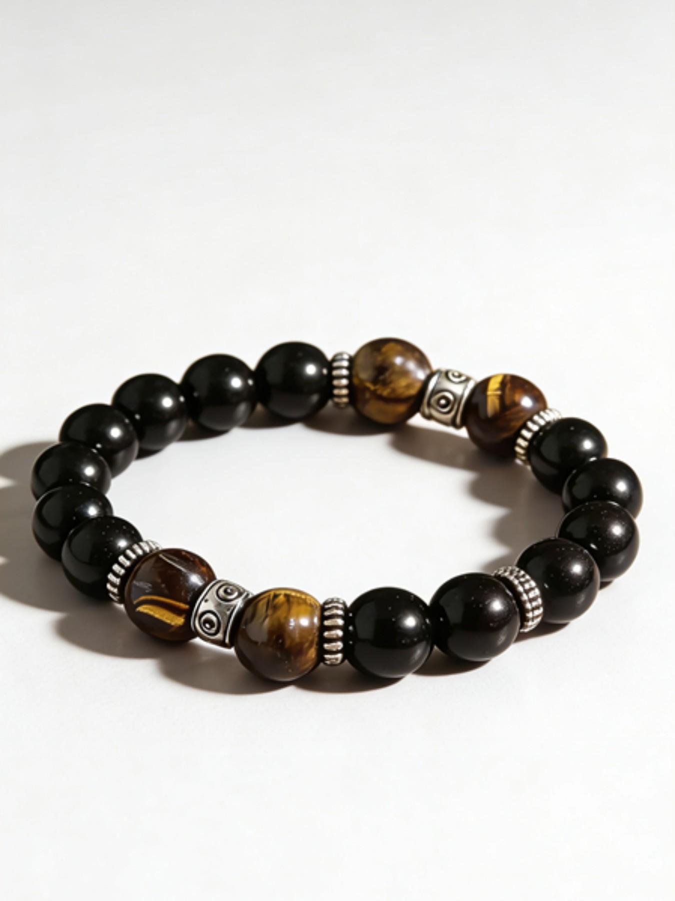 Men's Natural Tiger Eye & Obsidian Bracelet, Silver Color Plated, Handmade Premium Healing Stone, Gift Box Included