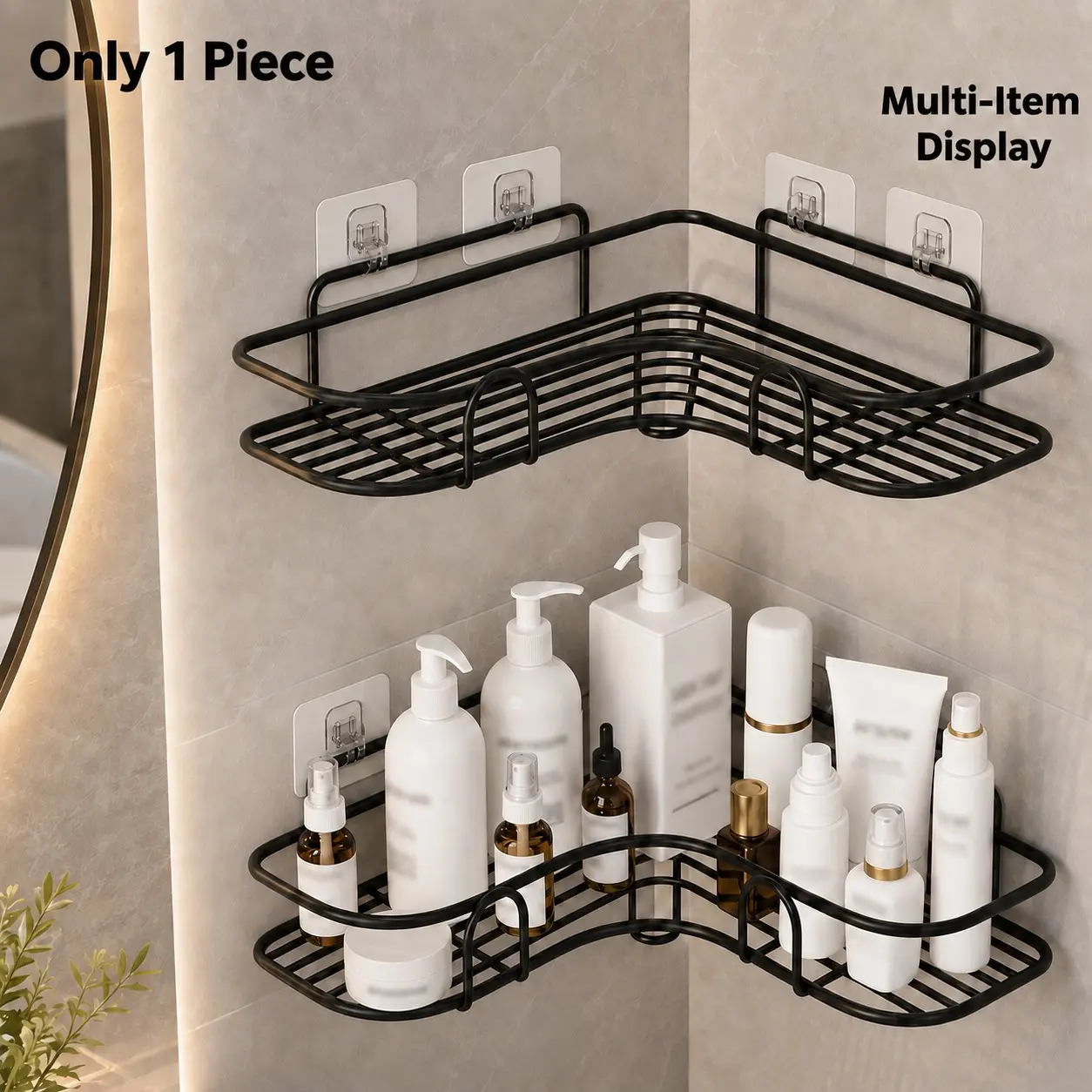 1pc rust-proof stainless steel corner shower rack, no-drill adhesive wall-mounted bathroom storage rack with two double hooks, multi-layer storage for shampoo, skin care products and cosmetics, space-saving black shower rack, Black Shower Caddy