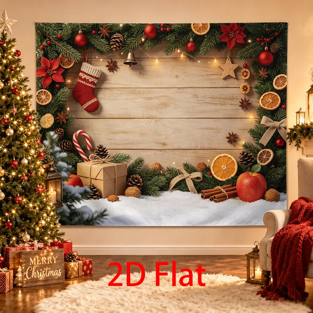 Rustic Christmas Backdrop Wood Look Pine Orange Cinnamon Gifts Photo Background