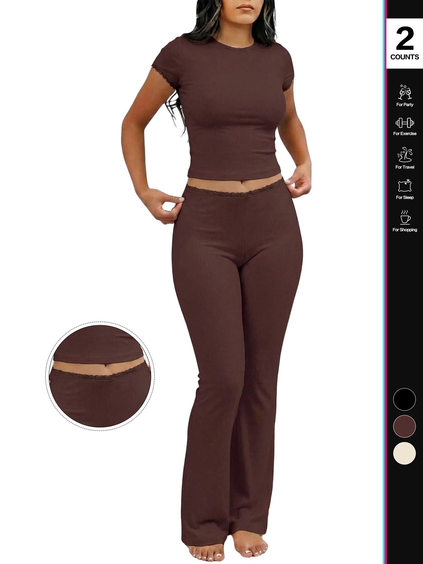 2026 Women's two-piece ribbed knit loungewear set, Fitted short-sleeved crop top, high-waisted flared pants, casual matching set, with lace trim on the cuffs