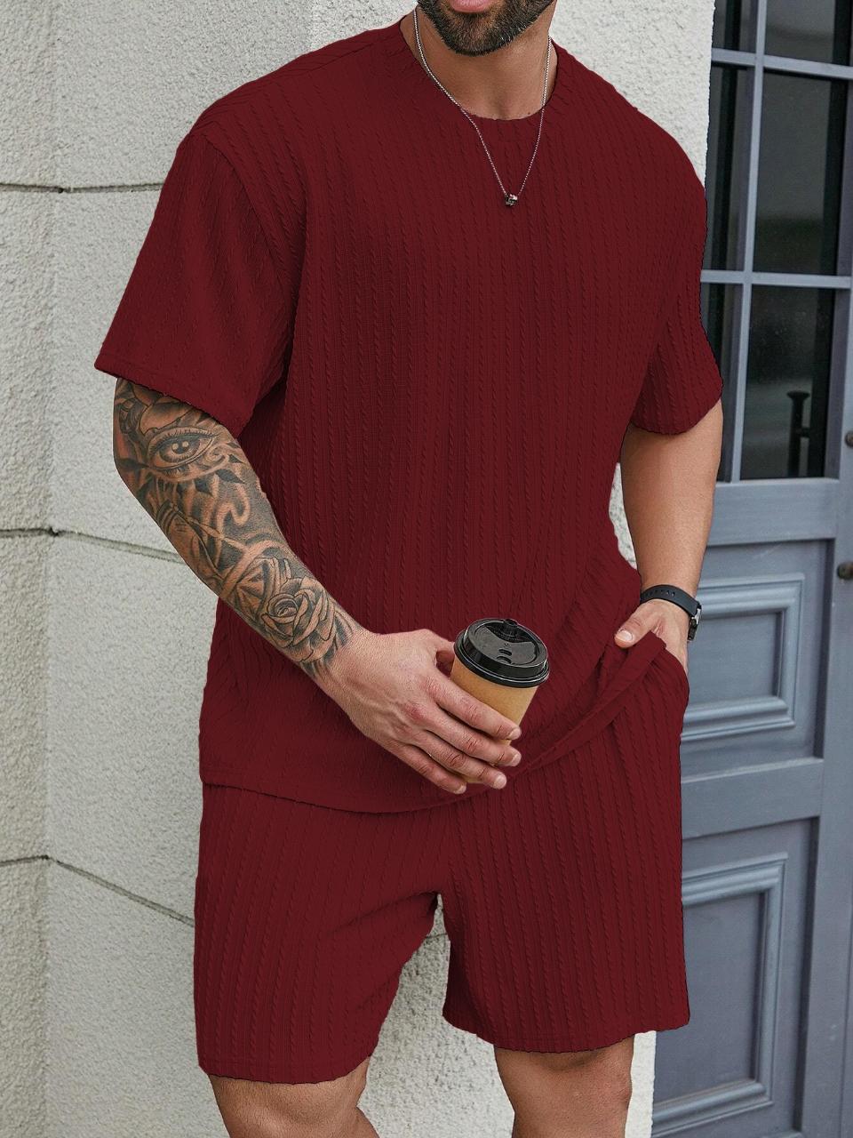 KZZ Men's Premium 2-Piece Plain Casual Shorts Set - Solid Textured Drop Shoulder Round Neck Tee & Drawstring Shorts, Relaxed Loose Fit, Machine Washable, Fashion Spring Summer Menswear, Christmas Gifts for Him