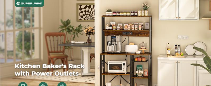 SUPERJARE Bakers Rack with Power Outlet, 35.4 Inches Coffee Bar with Wire Basket, Kitchen Microwave Stand with 6 S-Shaped Hooks, Open Storage Shelves