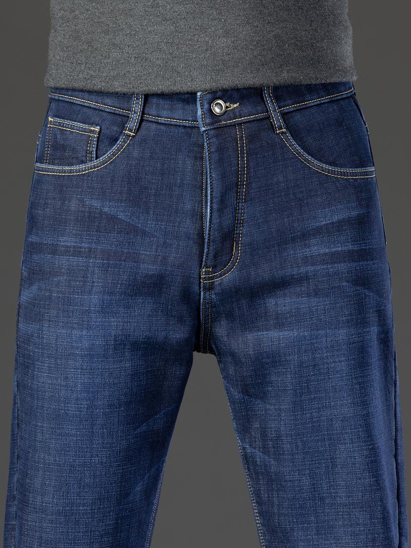 Men's Thickened Winter Fleece Plain Button High Waisted Jeans, Loose Straight Leg High Waist Casual Elastic Pants, Warm Long Denim Trousers for Fall & Winter
