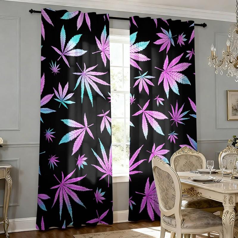 2 pieces of colorful maple leaf theme printed curtains, made of polyester with semi-transparent texture, machine washable, suitable for bedrooms, living rooms and home decoration curtains