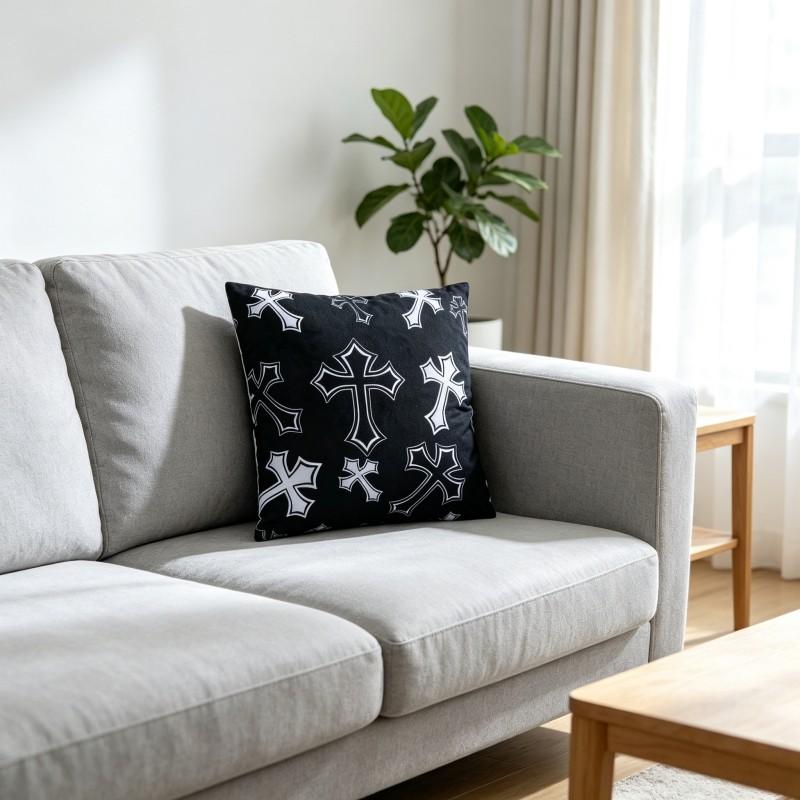 Vintage Gothic White Cross Black Throw Pillow Cover, Soft Plush, Material 18"×18" Single Sided Printed Cushion Cover with Hidden Zipper, Emo Punk Room Decor Gift. (No Filler Included)#GothicHomeDecor #PunkDecor #CrossPillow #ThrowPillowCover