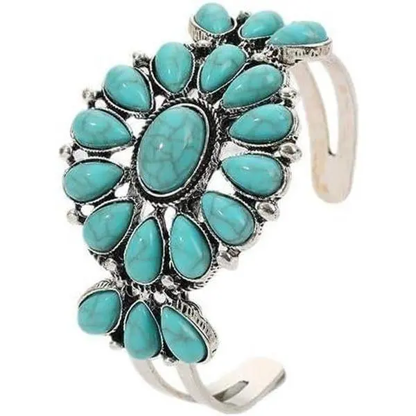 Bohemian Retro Turquoise Cuff Bracelet for Women Adjustable Ethnic Flower Teardrop Stone Bangle Statement  Boho  for Part