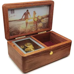 18 note wind up Wood Jewelry Box with Photo Frame, for Christmas/Birthday/Valentine's Day/Mother's Day,Tune of You are My Sunshine.(Rosewood)