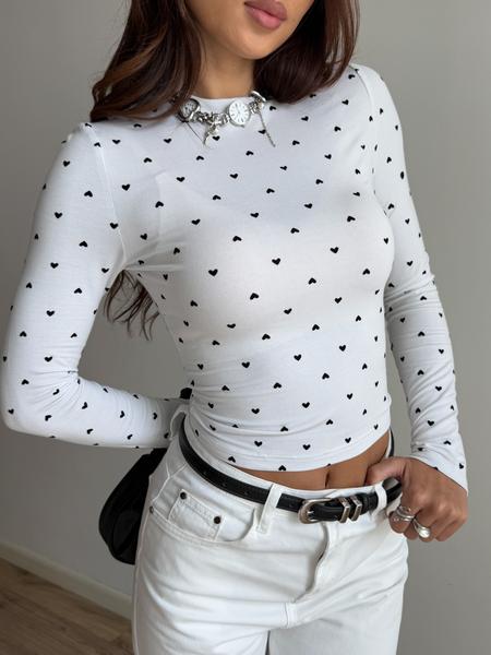 Heart Print Long Sleeve Short Top, Slim Fit Elastic Tee, Bottom Heart Pattern, Fashion Y2K Style Shirt, Cute Casual Wear