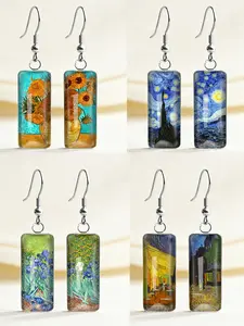 Van Gogh Art Series Rectangular Earrings, Starry Night Sunflower Iris, Vintage Long Rectangle Studs, Fashionable Jewelry Accessories