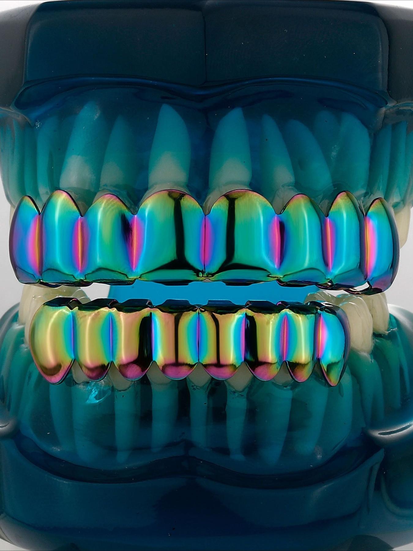 CRUSH CR Retro Cyberpunk Futuristic Iridescent Grillz Set for Men Women, High-Gloss Polished Finish, Hypoallergenic Removable, Ideal for Retro Tech-Themed Parties, 90s/00s Throwback Events, Cyber Goth Gatherings Urban Culture Festivals