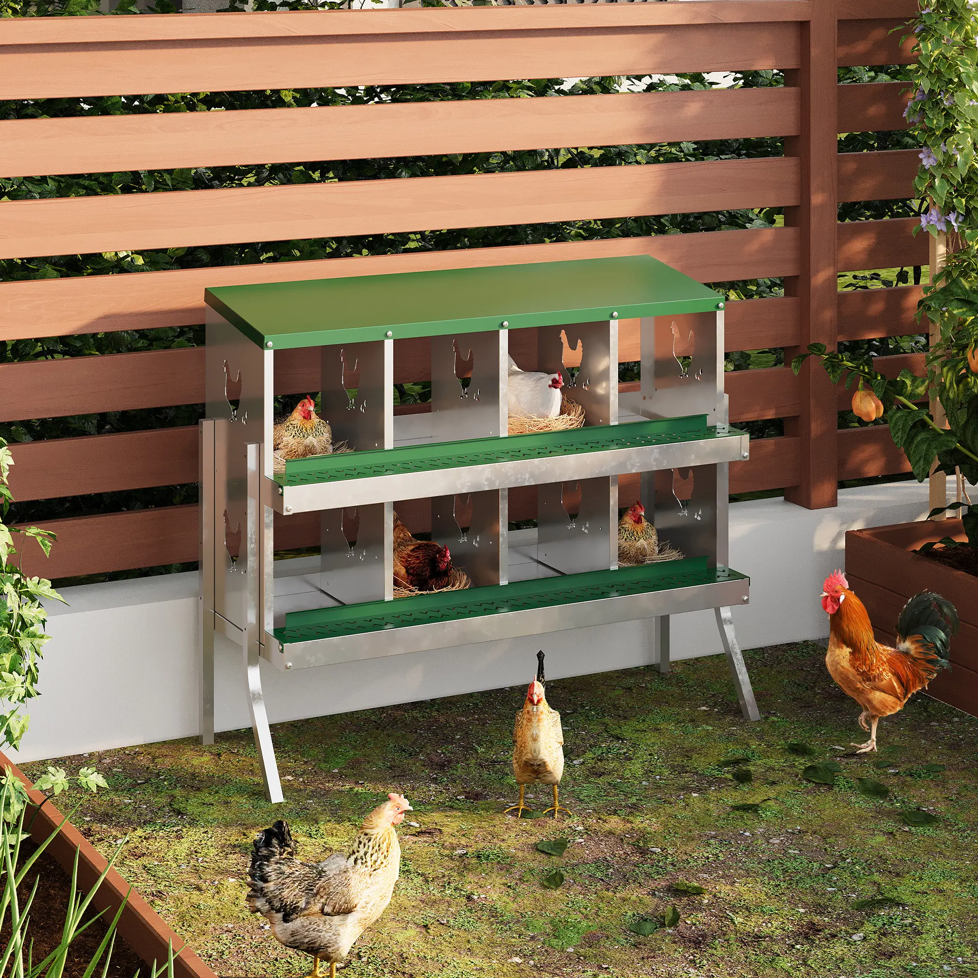 Chicken Nesting Box with Roll Out Egg Tray, Hen Nests, 6/8/10 Compartments, Collection Tray and Ventilation Grille, Egg Collection Boxes for Hen House with Legs, Corrosion Resistant，Rustproof & Ventilated Laying Boxes for Hens, Chickens, Ducks