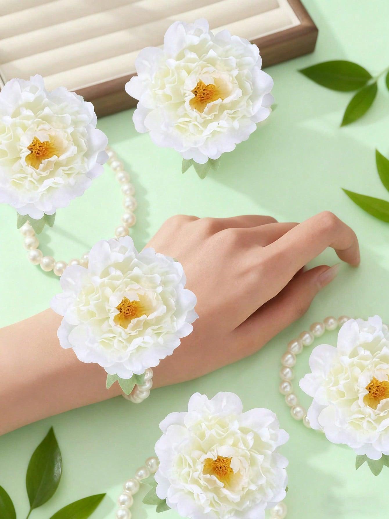 Elegant Blue Garden Rose Wrist Corsage - Bridal Headpiece, Bridesmaid Wrist Corsage, Party Bracelet, with Artificial Pearl Chain and Green Leaves, Durable, Soft and Comfortable, for Bride, Bridesmaid, Groom/Bride