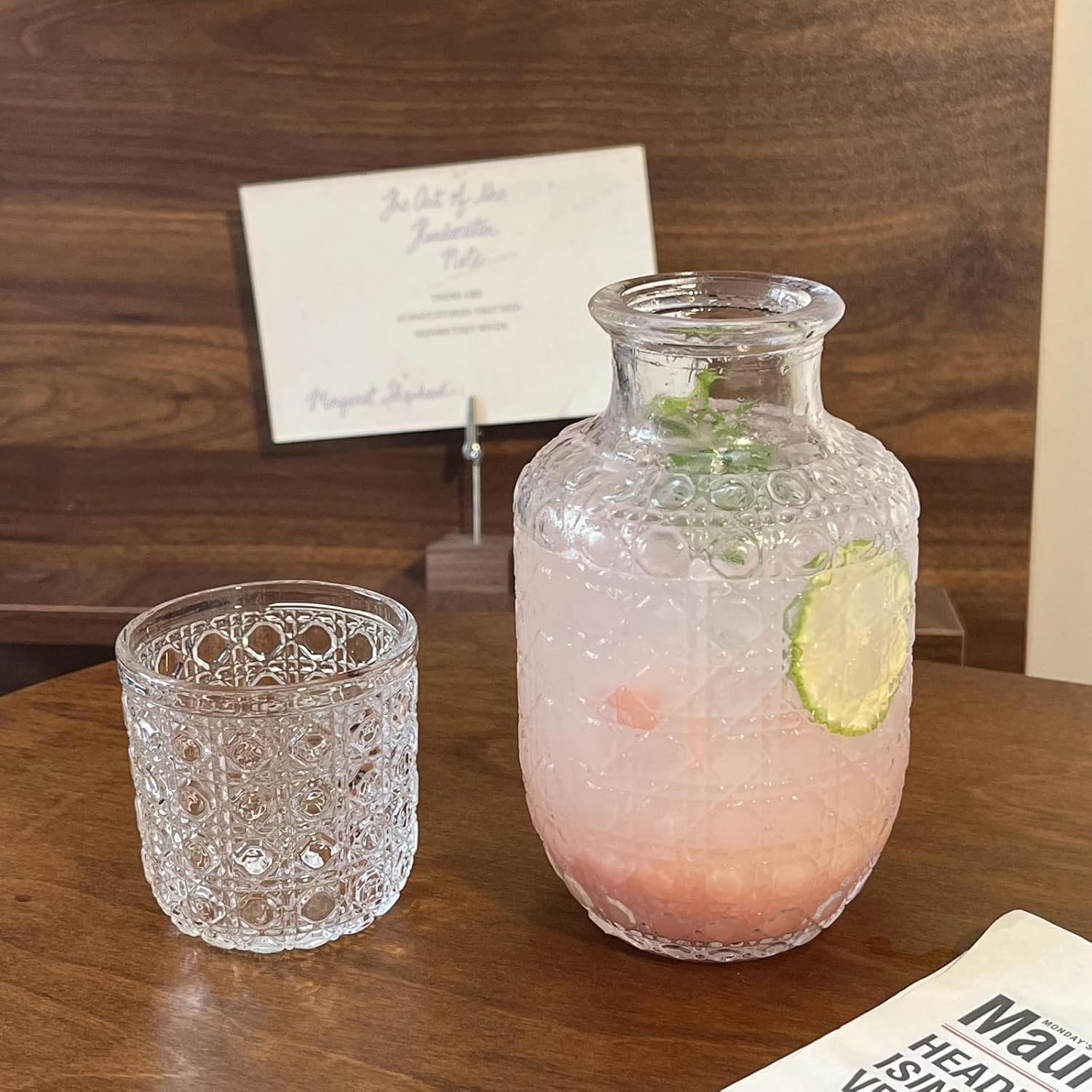 Whiskey Glass Set, 20 Oz Transparent Bedside Water Bottle with 5 Oz Cups, Vintage Elegant Glassware for Juice Kitchen Bedroom Bar Bathroom